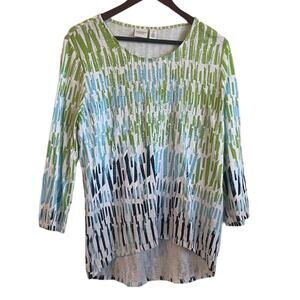 Chicos Women‎ Top L Blue Green 3/4 Sleeve Sequins Cotton Colorful Beachy Cruise